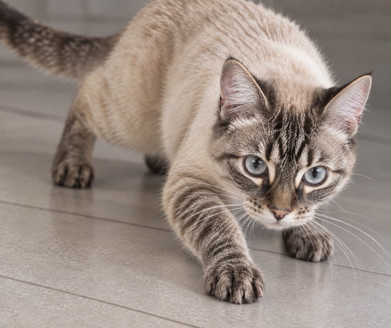 Chat noir et blanc aux yeux bleus marchant vers l’appareil
